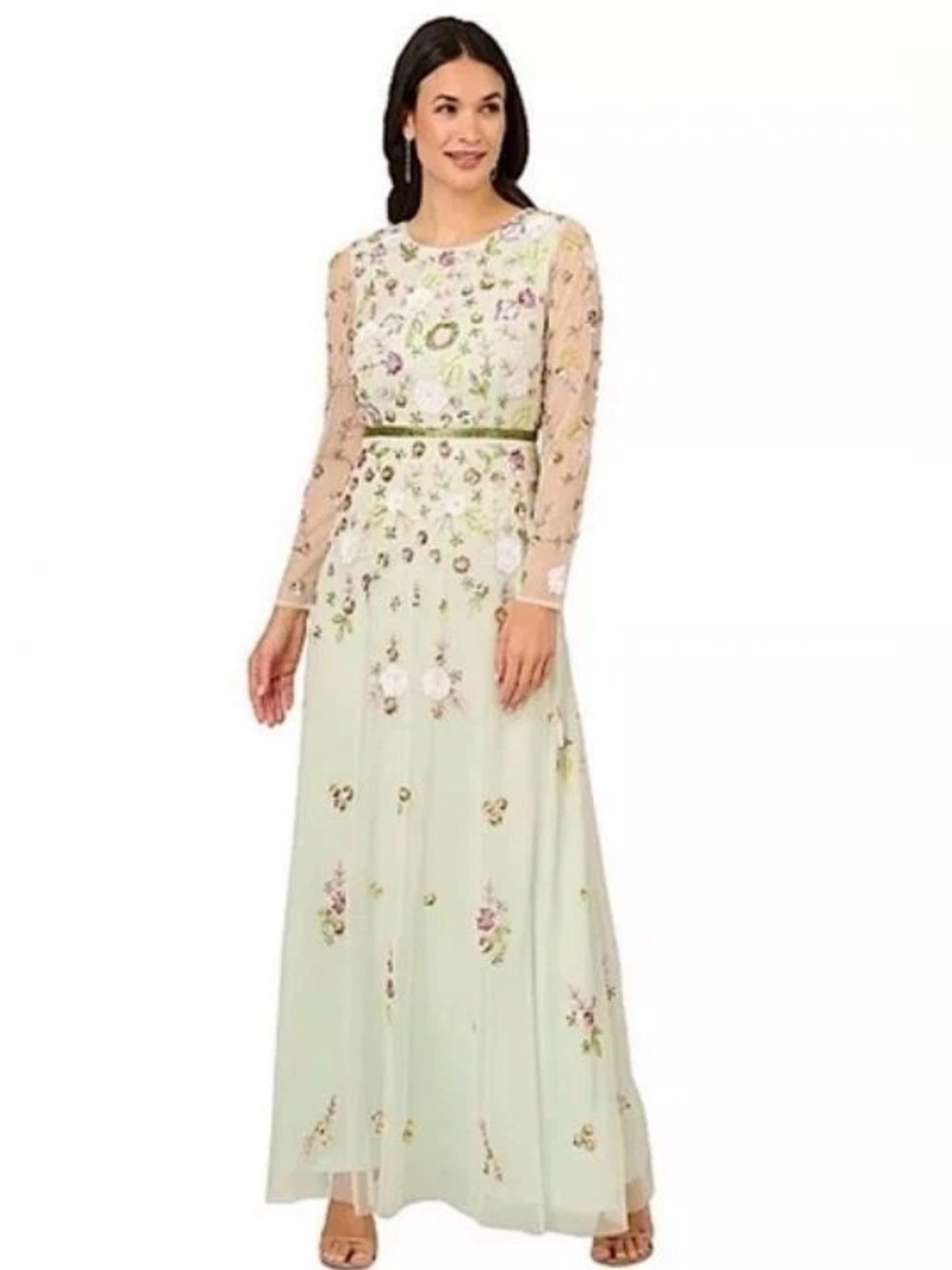 Adrianna Papell Women's Floral Long Sleeve Beaded Gown, Mint Glass- Size 8